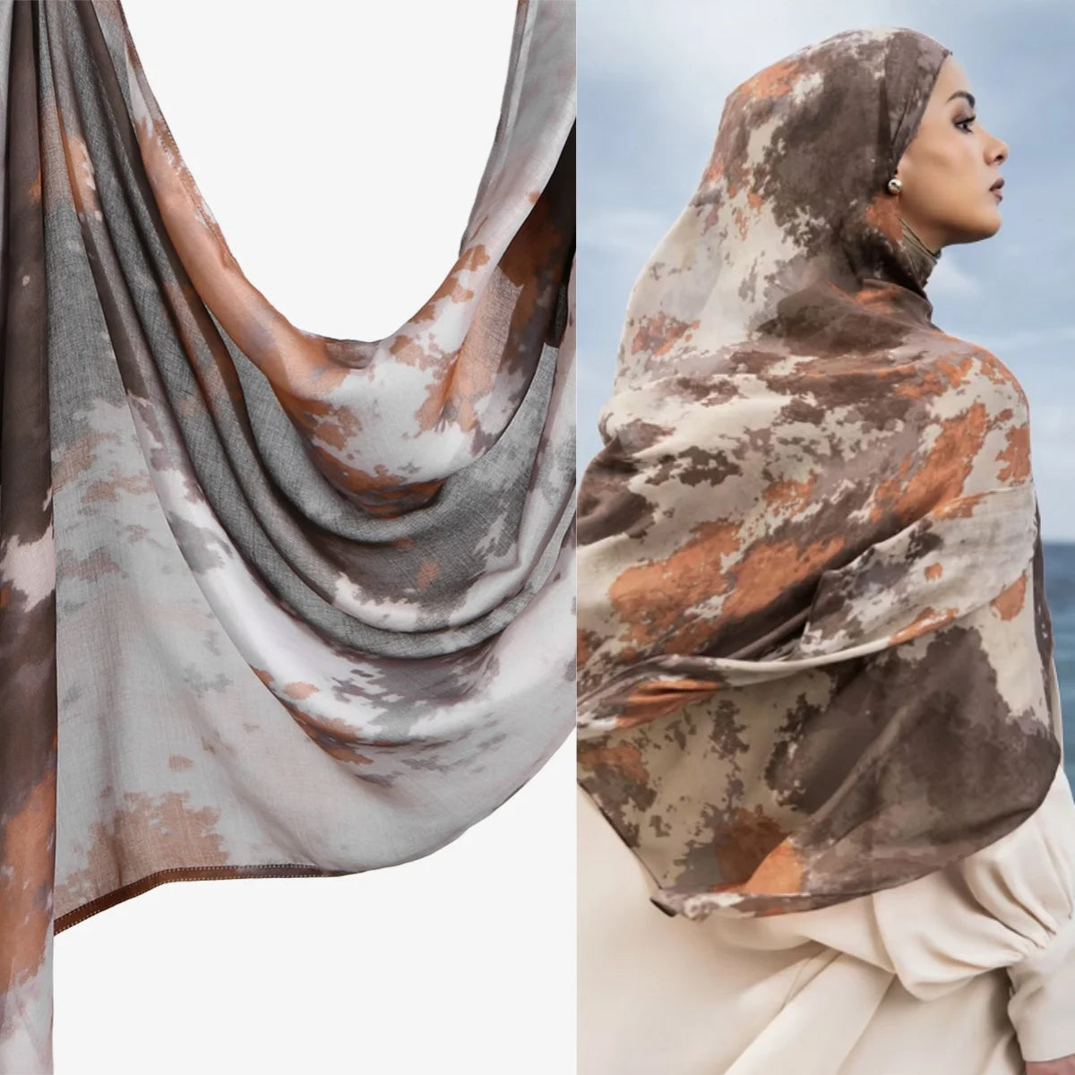 Nahaufnahme eines weiblichen Aquarelldrucks aus Baumwolle und Modal, als Hijab um ihren Kopf und Schulter drapiert.