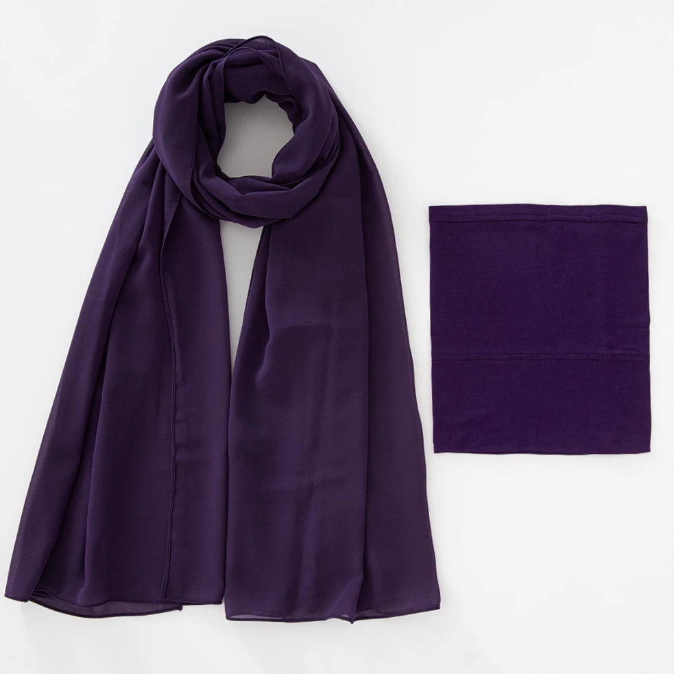 A deep purple chiffon hijab and undercap set displayed flat.
