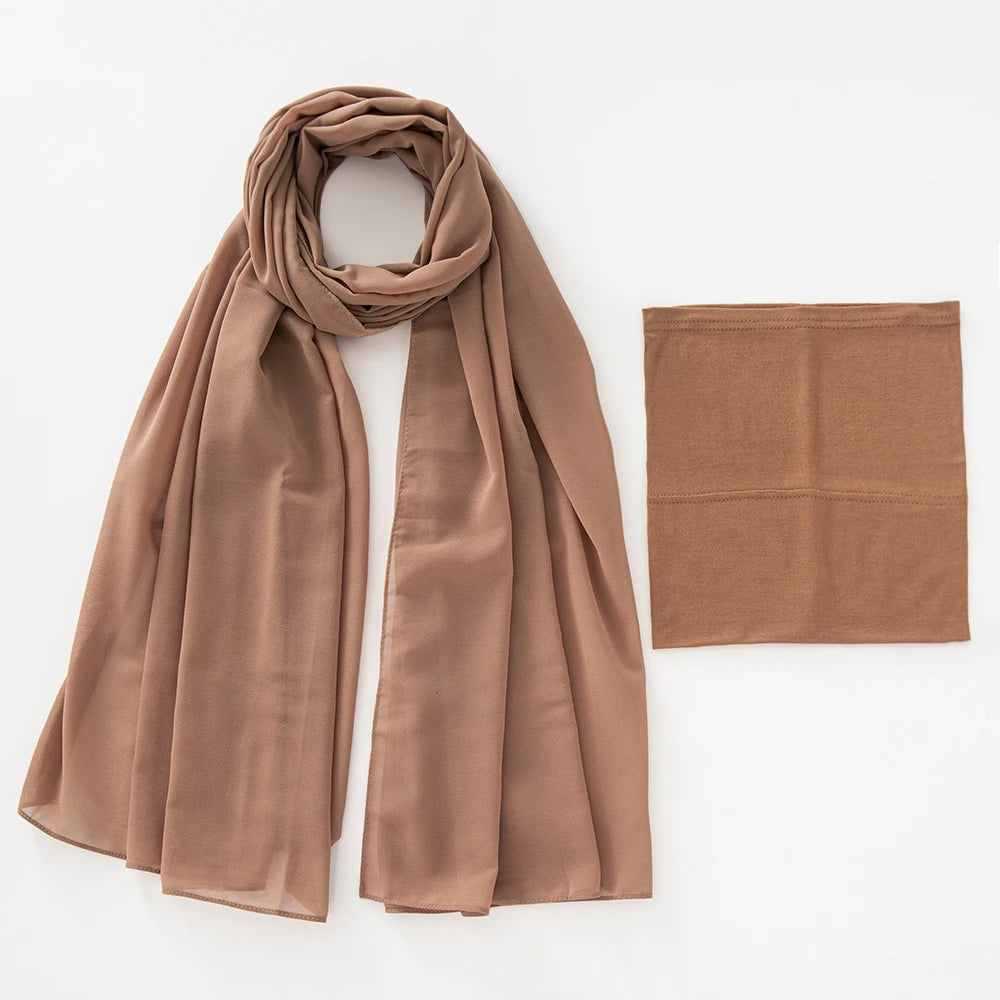 A solid mocha brown chiffon hijab and underscarf set displayed flat.