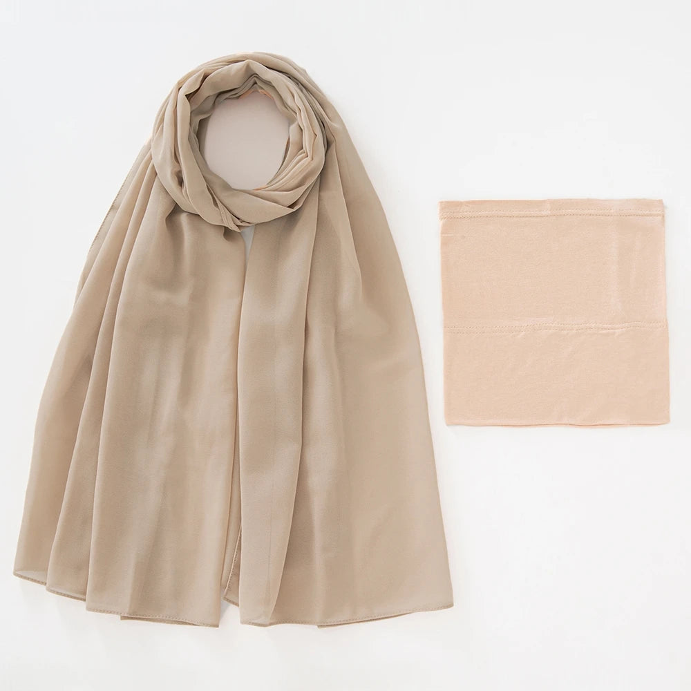 A beige chiffon hijab and undercap set displayed flat.