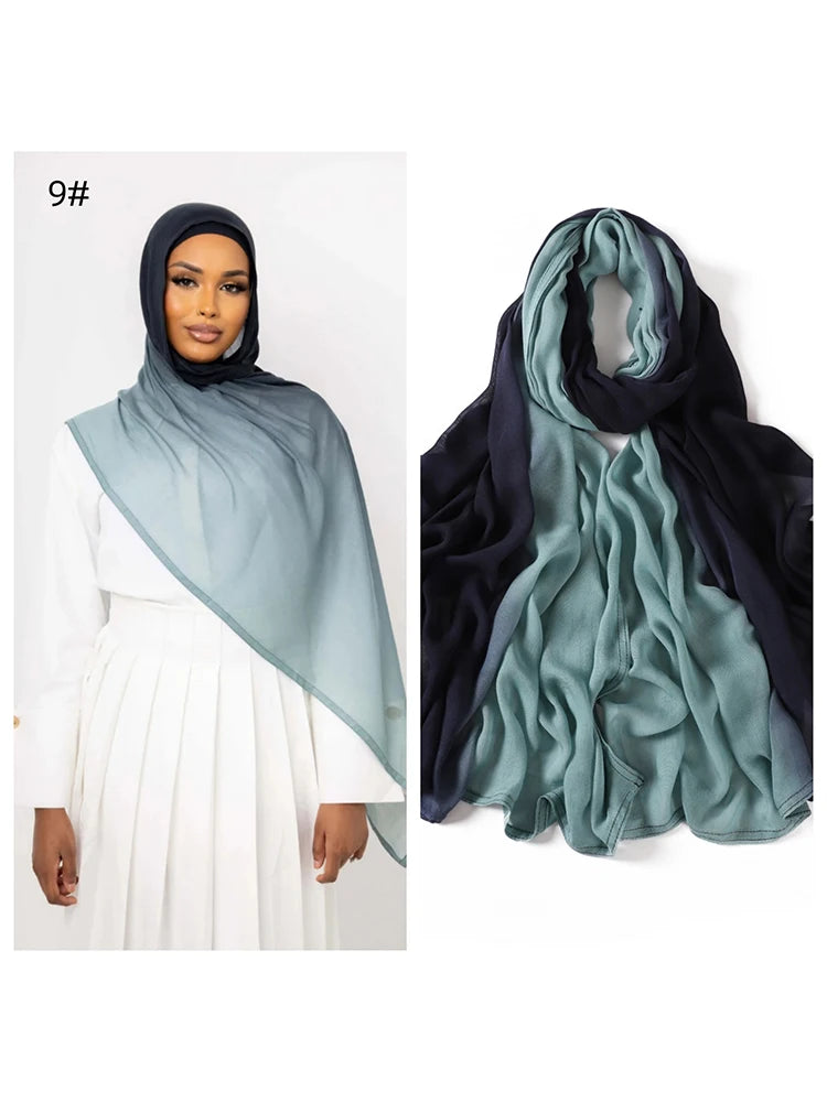 Model wearing a mint green Ramanda Bamboo Modal Rayon scarf hijab with a white dress.