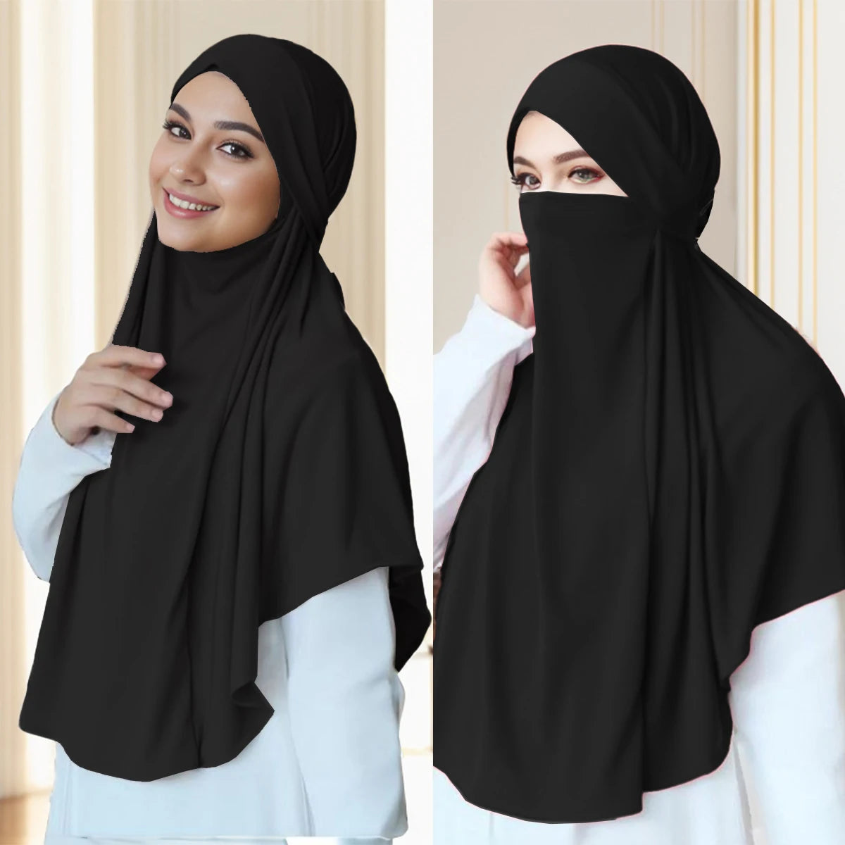 Eine Frau präsentiert einen schwarzen, bequemen Modal-Jersey-Hijabschal über Kopf und Schultern.