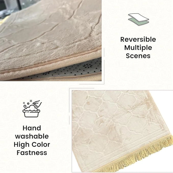 Light beige embossed prayer mat with decorative tassels, showing reversible multiple scenes and hand washable fastness.