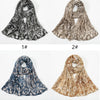 Vier Farbvarianten eines eleganten floralen Viskose-Hijab-Schals in verschiedenen Tönen, darunter schwarz, beige, blau und br