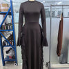 A dark brown elegant high-waisted long-sleeve A-line maxi dress displayed on a mannequin.