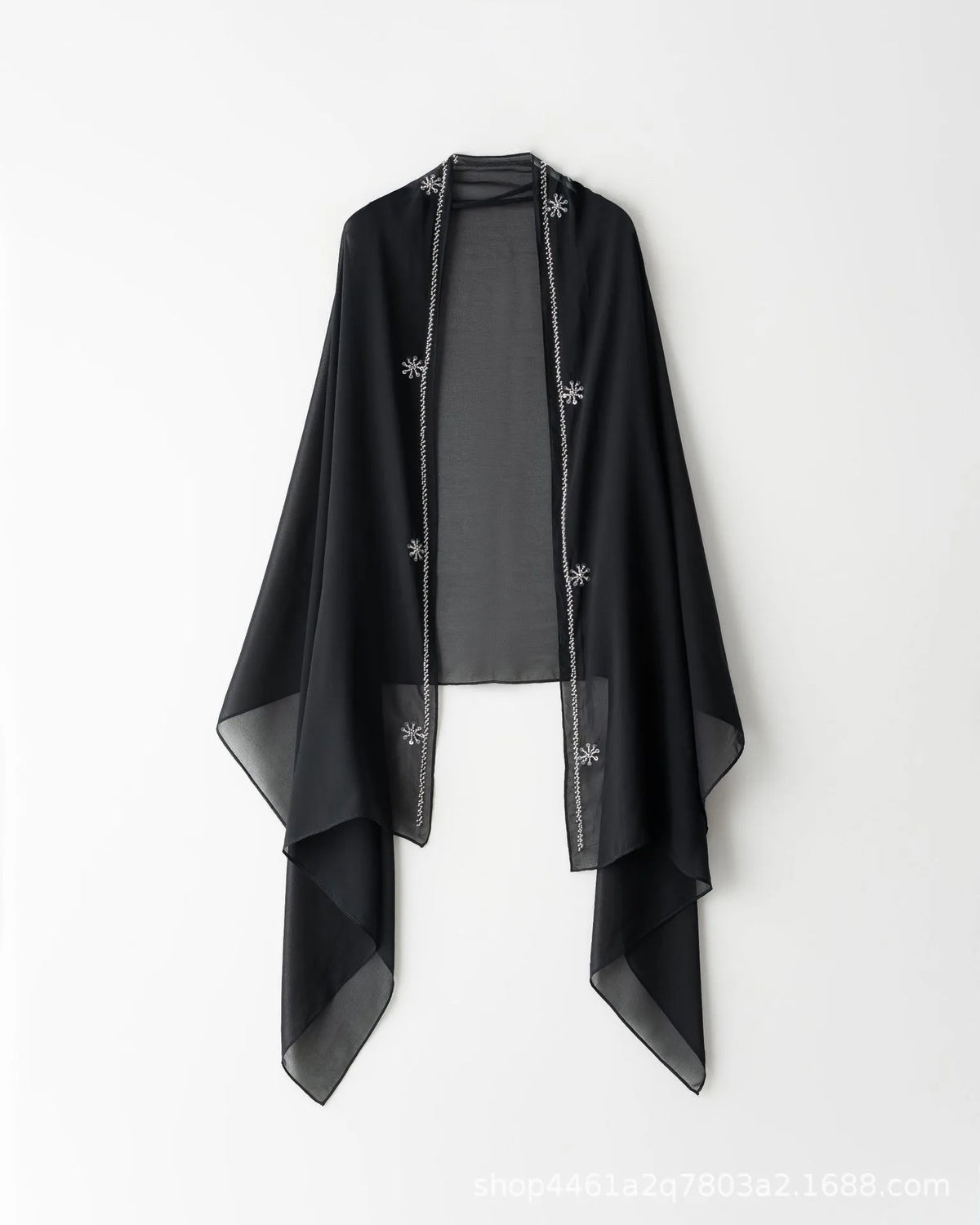 Black sheer abaya with silver floral beaded detailing and long sleeves