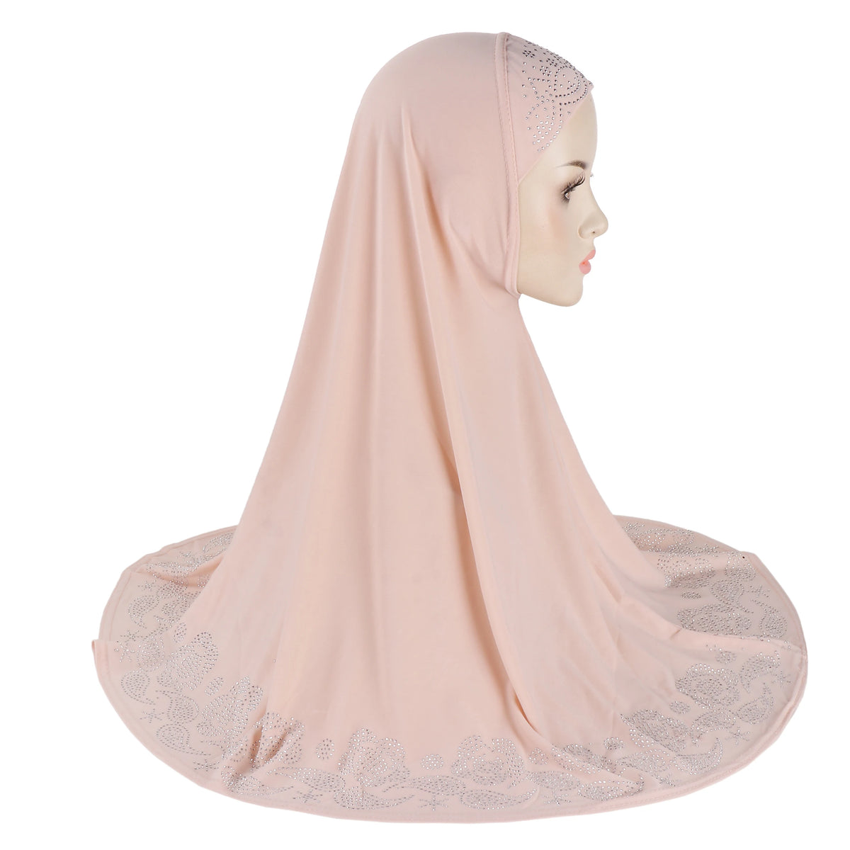 Pañuelo hijab de pedrería floral rosa claro mostrado en maniquí.