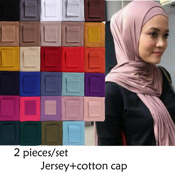 A woman wearing a pink jersey hijab and matching cotton cap, displayed next to color swatches.