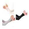 Two views of black and light gray cooling UV protection arm sleeves for outdoor sports