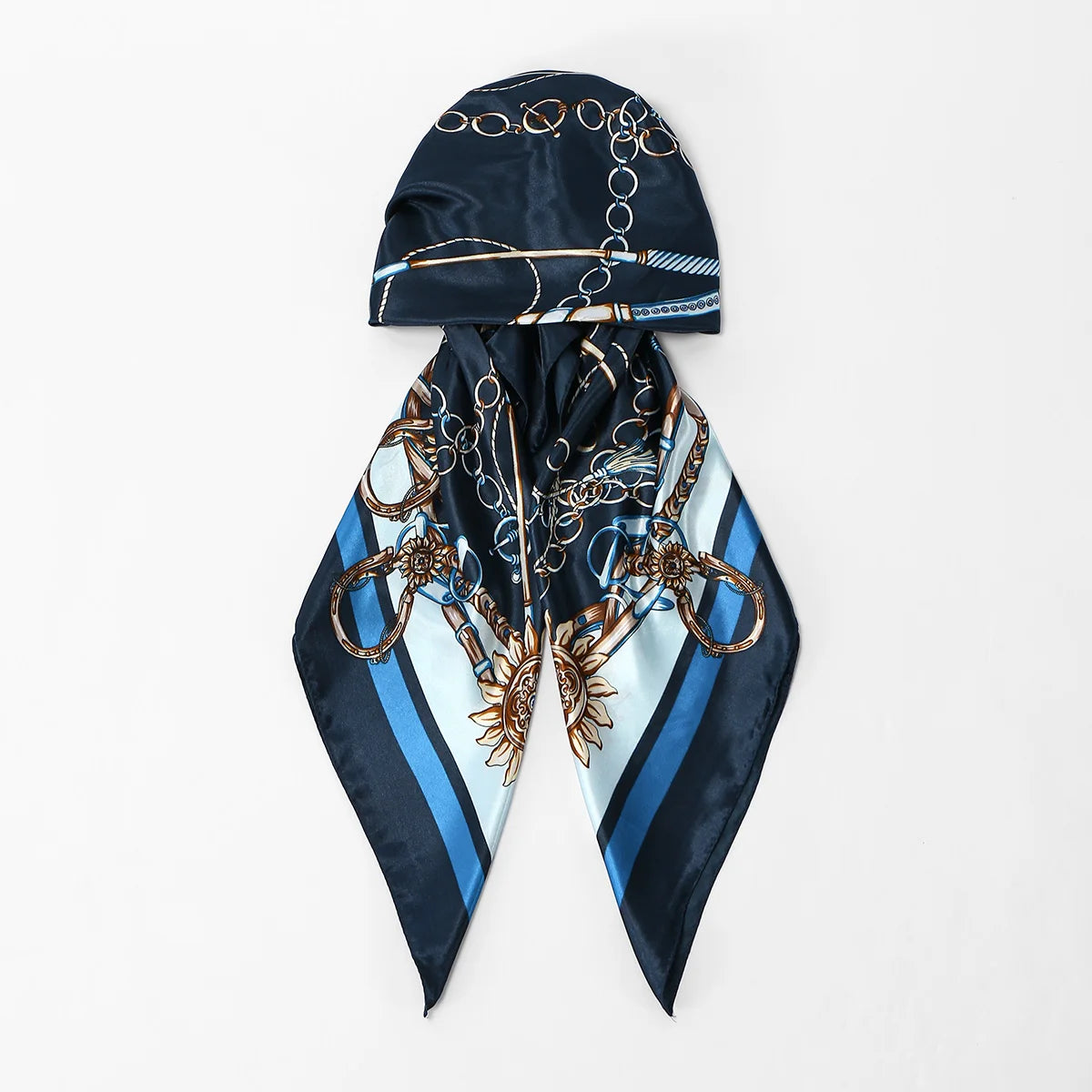 Marine satin-Seide Instant-Hijab-Schal mit Gold- und Silberketten-Details