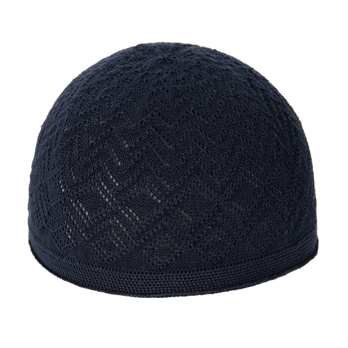 A dark navy blue knitted prayer hat or kufi with a textured, ribbed brim.