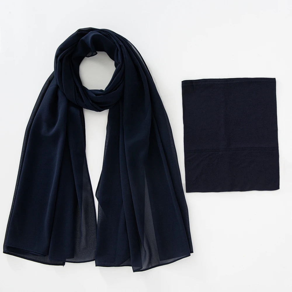 A dark navy blue chiffon hijab and underscarf set displayed flat.