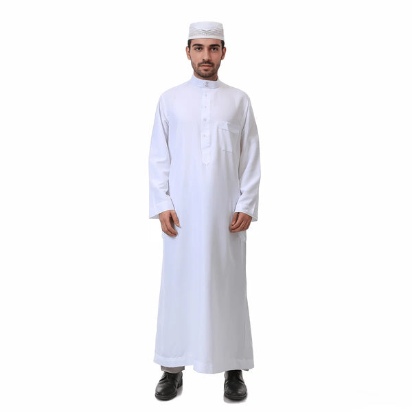 A man wearing a white men's Arabic stand collar long sleeve robe.