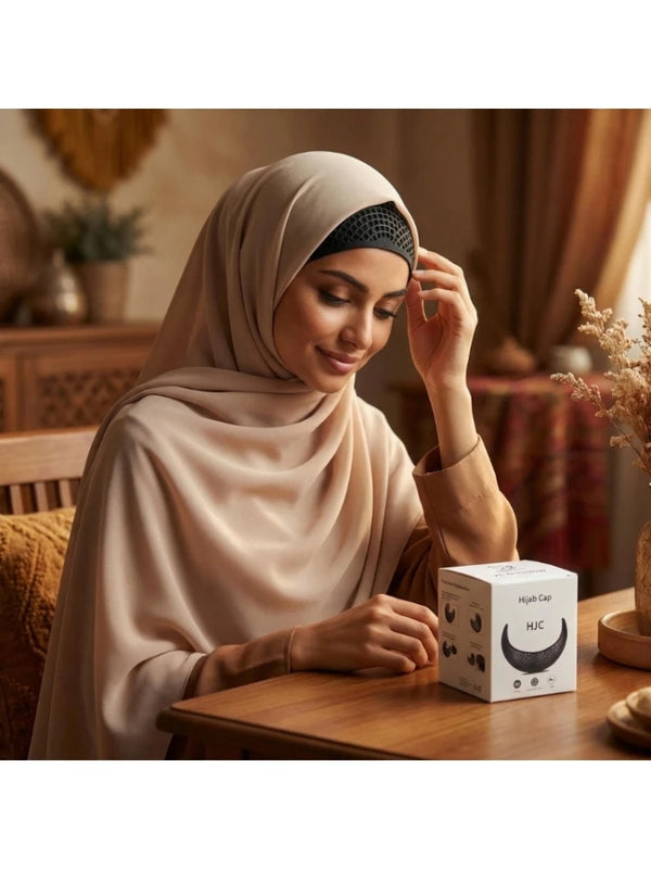 A woman wearing a beige hijab with a black crown, looking down while applying it.