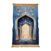 Un élégant tapis de prière islamique bleu et or avec un motif arqué et floral.