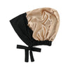 Elegant satin hijab cap and undercap set in black and gold.