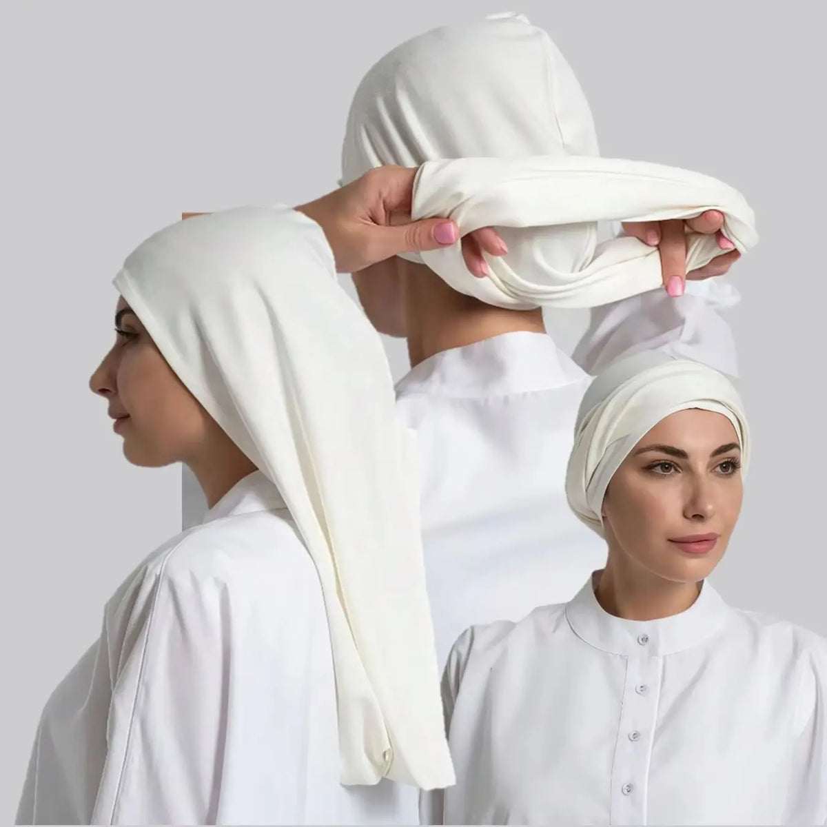Une femme modélise un instant hijab en jersey modal blanc et à la mode, montrant comment le porter.