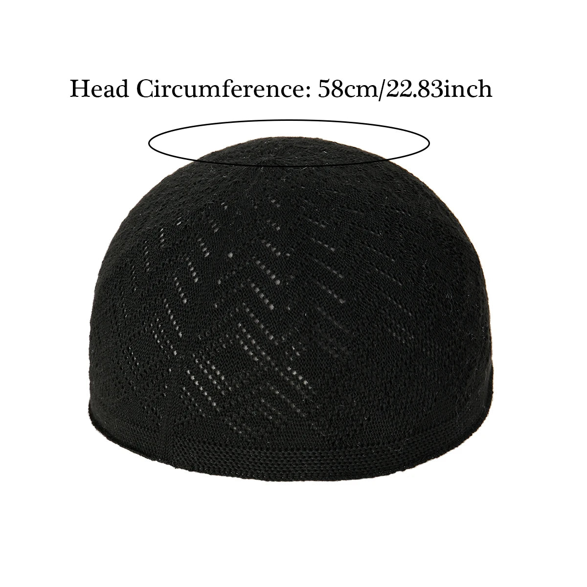 Gorro o beanie de punto negro visto desde arriba con una línea de medida para la circunferencia de la cabeza.