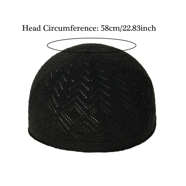 Black knit skull cap or beanie hat shown from above with a measurement line indicating the head circumference.