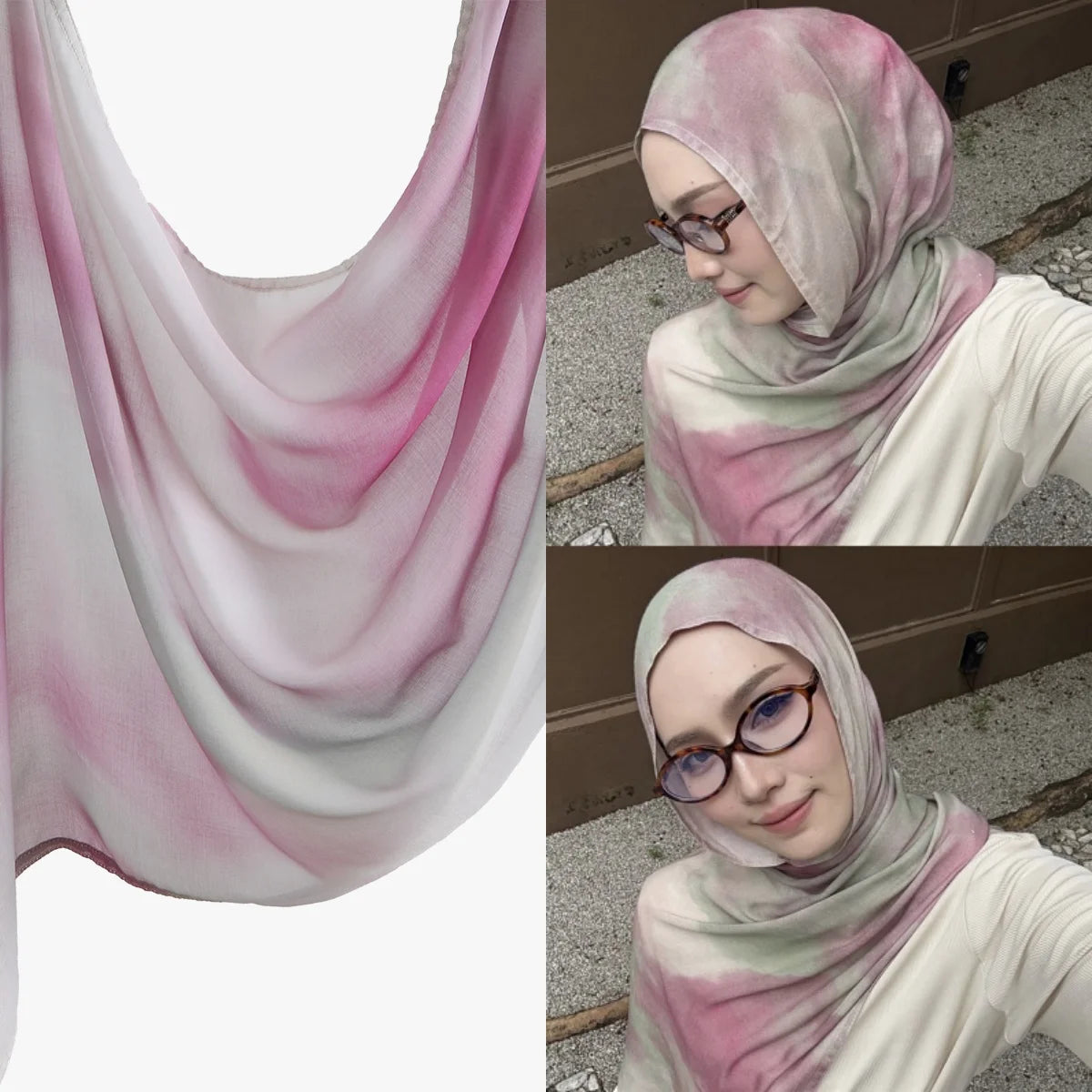 Eine Frau präsentiert einen Aquarelldruck-Seidenschal aus Baumwolle und Modal in rosa und weißen Tönen.