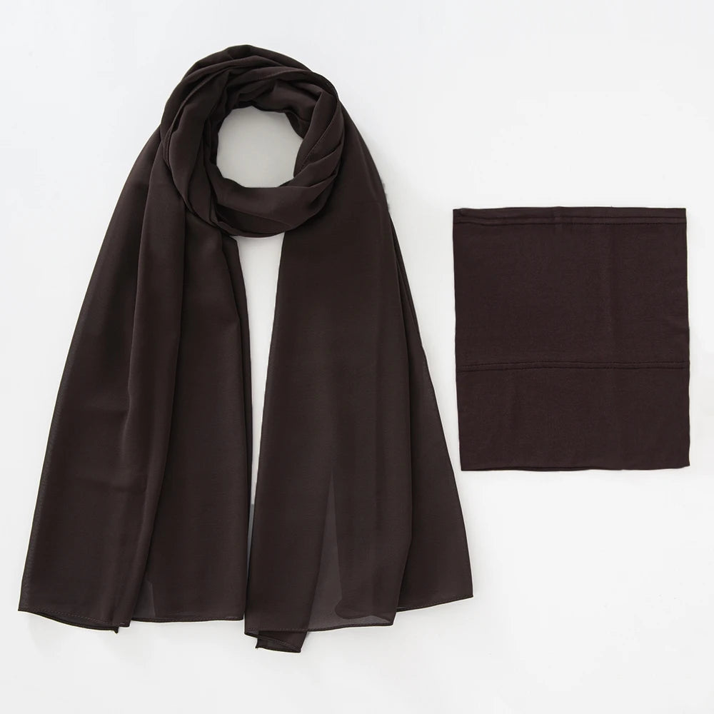 A dark brown chiffon hijab and undercap set displayed flat.
