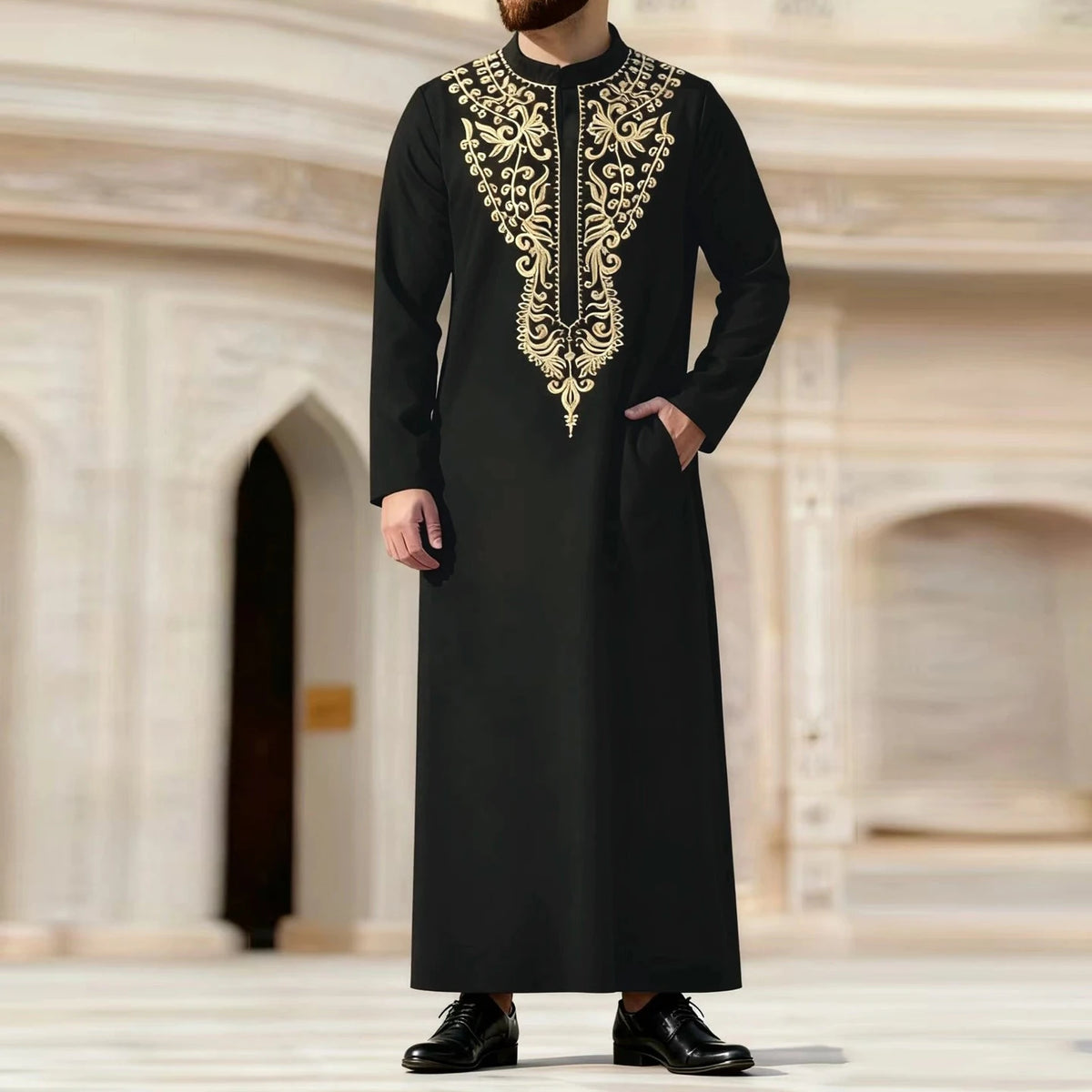 Black Moroccan embroidered men's thobe jellaba with gold detailing