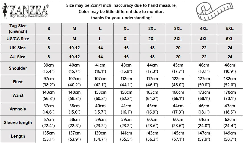 Table showing various sizes and measurements for a Flowy Patchwork Abaya Kaftan Dress.