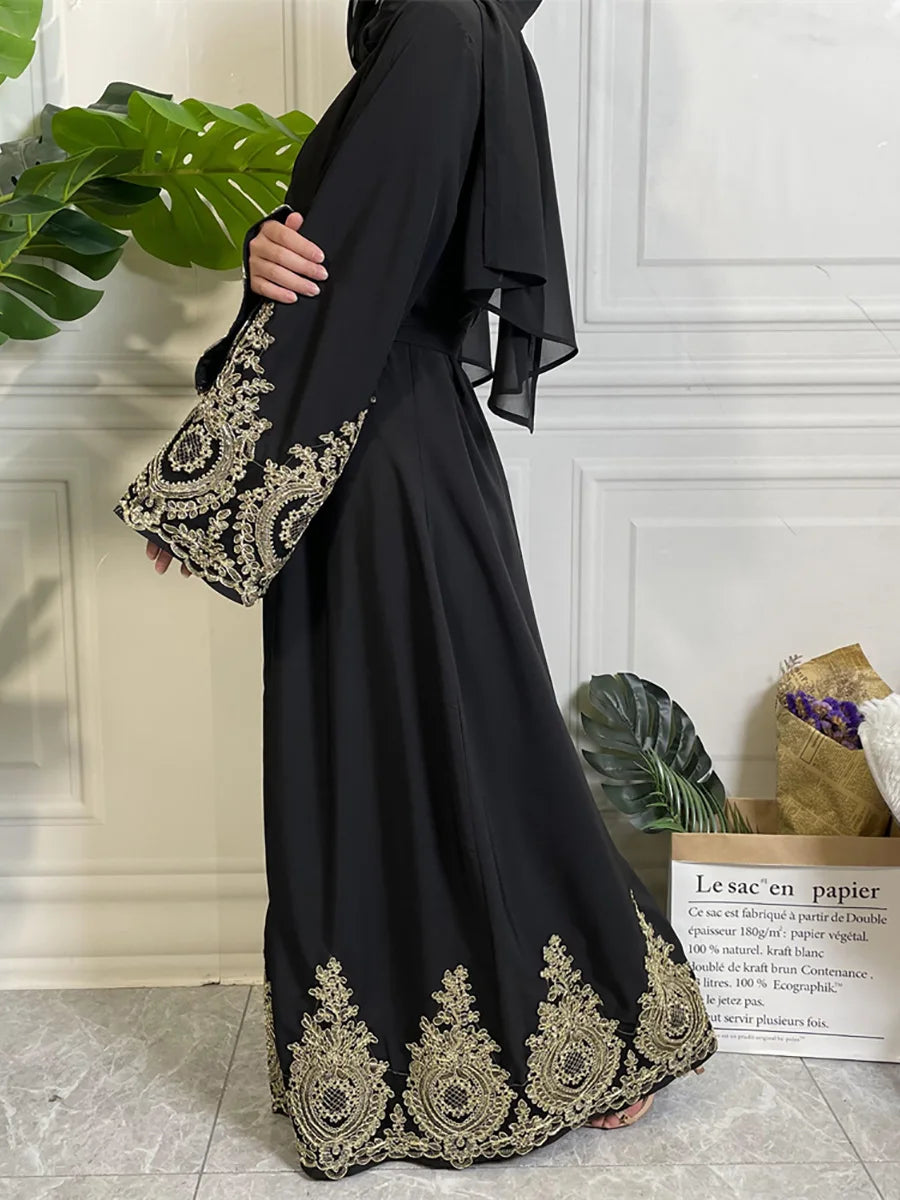 Caftán abaya de lujo negro para mujer con bordado dorado