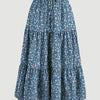 Falda midi a-line bohemia azul y blanca floral con cintura fruncida.