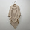 A beige two-layer everyday hijab scarf draped on a hanger against a light gray wall.