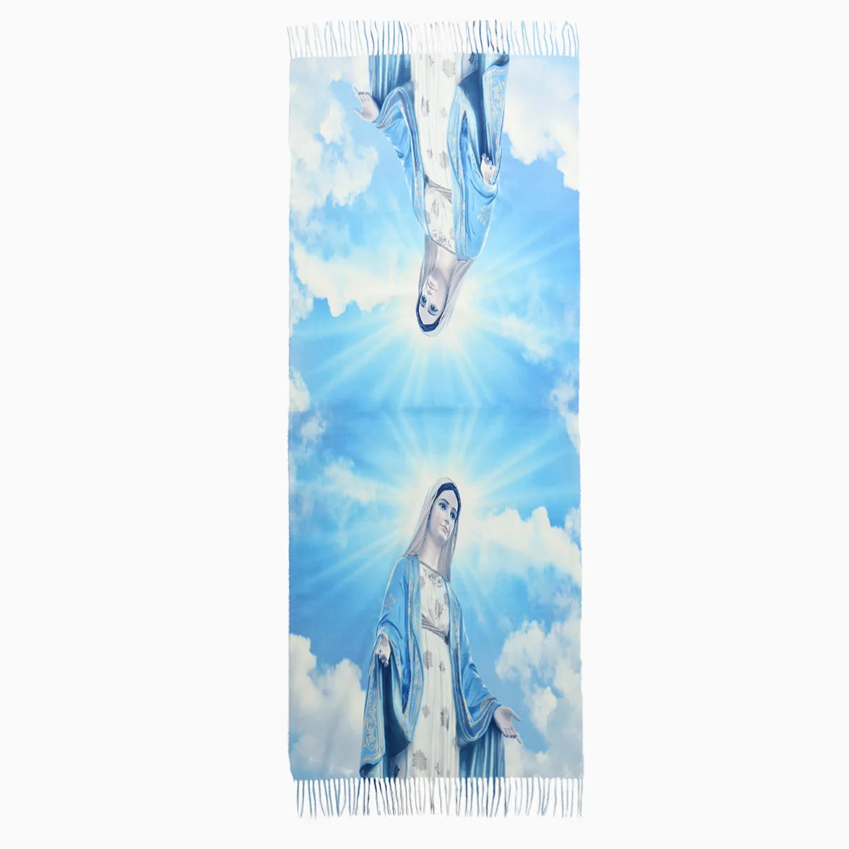Pañuelo impreso a medida con imagen de la Virgen María de Guadalupe sobre fondo de cielo azul