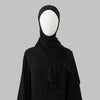 Schwarzes Elastizitäts-Modell-Jersey-Hijab sofort, präsentiert auf einem Mannequin.