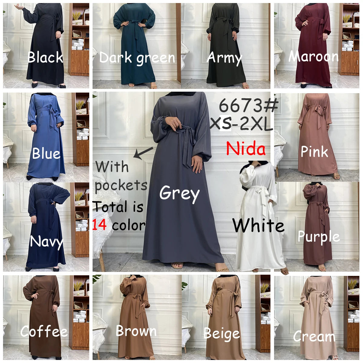 Kollektion von Frauen-Kaftanen und Abayas im marokkanischen Stil in verschiedenen Farben wie Schwarz, dunkelgrün, Armee, kast