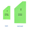 Une serviette de bain vert lime vif et une serviette rectangulaire sont présentées côte à côte.