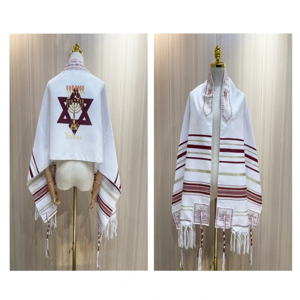 White and maroon handcrafted Messianic prayer shawl displayed on a hanger.