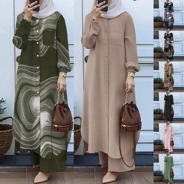 A woman models a beige long sleeve button-up abaya set with olive green patterned fabric and brown leather accessories.