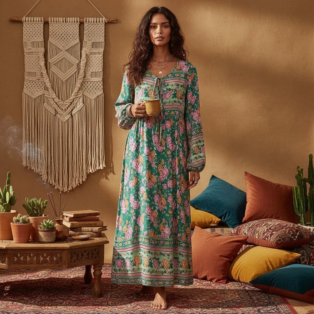 A woman models a long floral maxi dress with lantern sleeves in green and pink tones against a warm, earthy background.