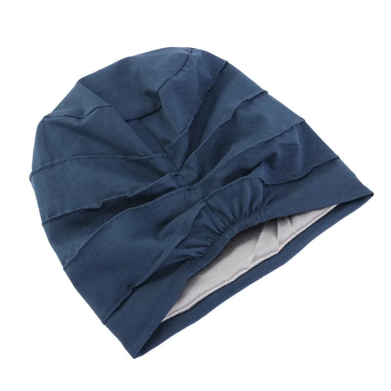 Marineblauer Stretch-Baumwoll-Beanie Turbanhut mit hellem grauem Satinfutter