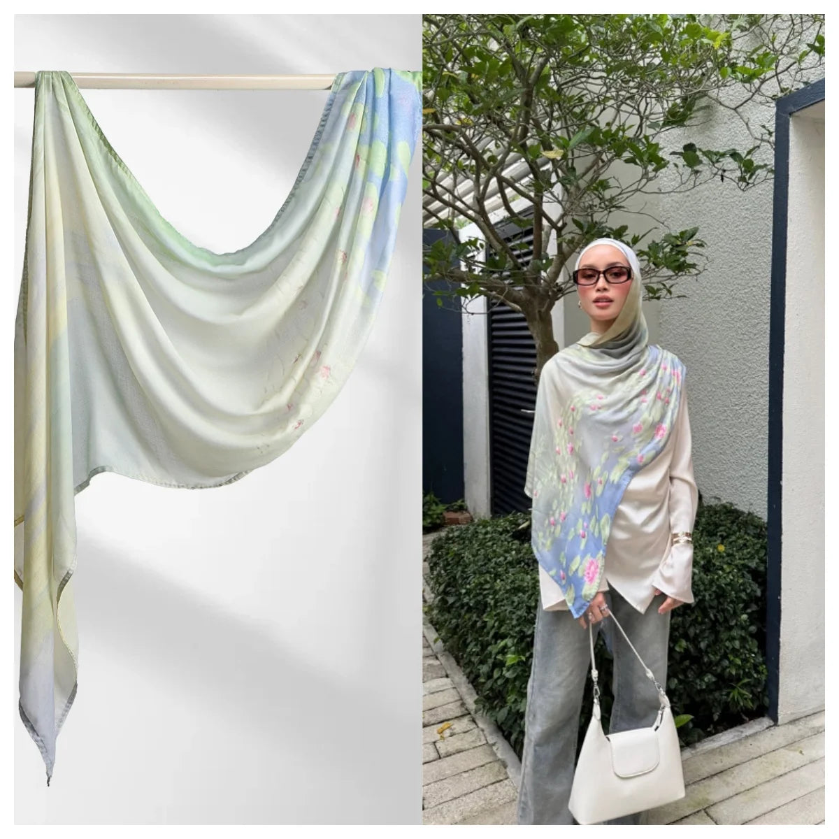 Eine Frau trägt einen hellgrünen Aquarell-Ombré-bedruckten Rayon-Modal-Hijabschal über Kopf und Schultern.