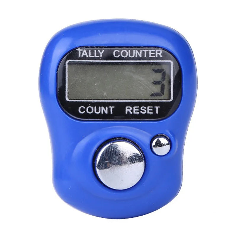 A blue mini digital tally counter device with a display showing the number three and a count reset button.