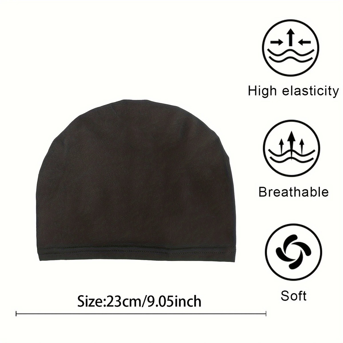 A dark brown classic stretch jersey turban cap shown with icons indicating high elasticity, breathability, and softness.