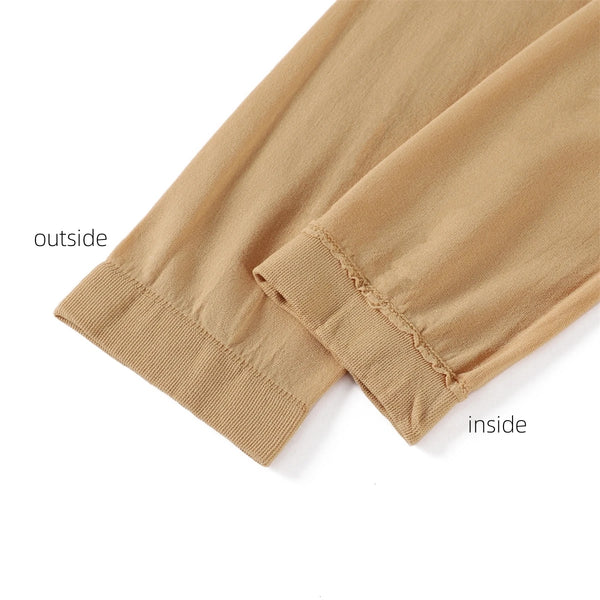 Close-up view of a beige stretchy Islamic over sleeve arm cover for abaya and hijab, showing the outside and inside fabric.