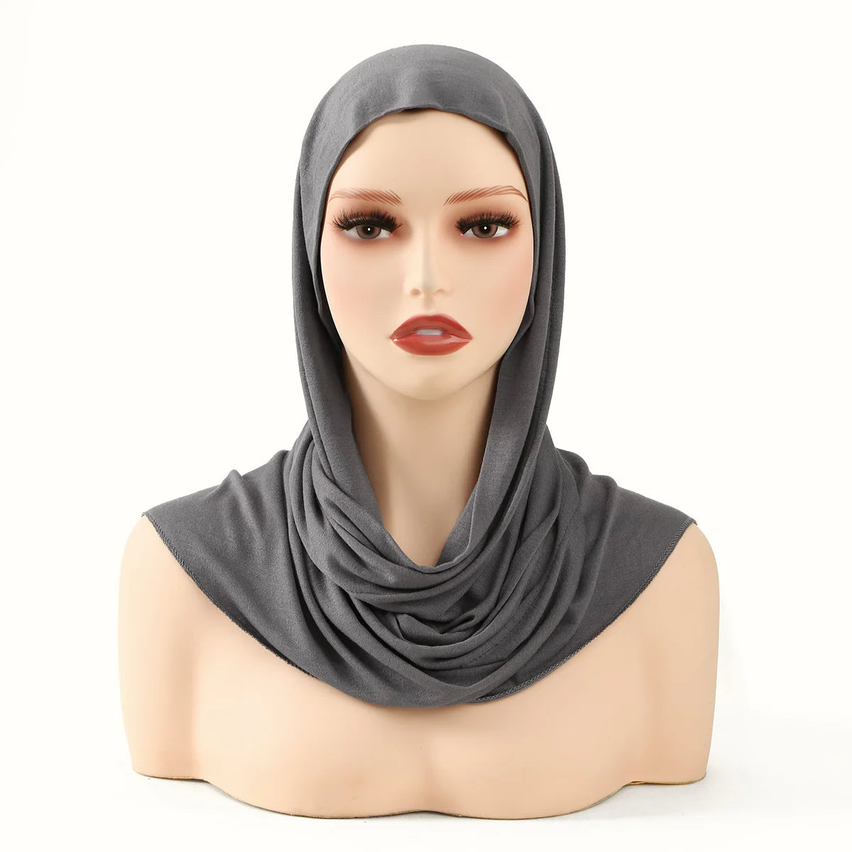 Model wearing a gray instant ready-to-wear jersey hijab scarf