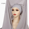 Model wears a lilac-grey chiffon instant hijab with built-in magnets