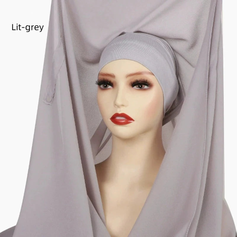 Model wears a lilac-grey chiffon instant hijab with built-in magnets