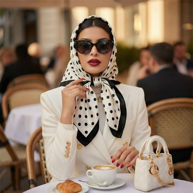 A woman wearing a white blazer and a black polka dot scarf sits at a table with a cup of coffee.
