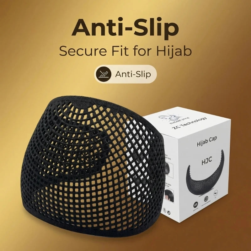Black anti-slip hijab crown product displayed next to its packaging box.