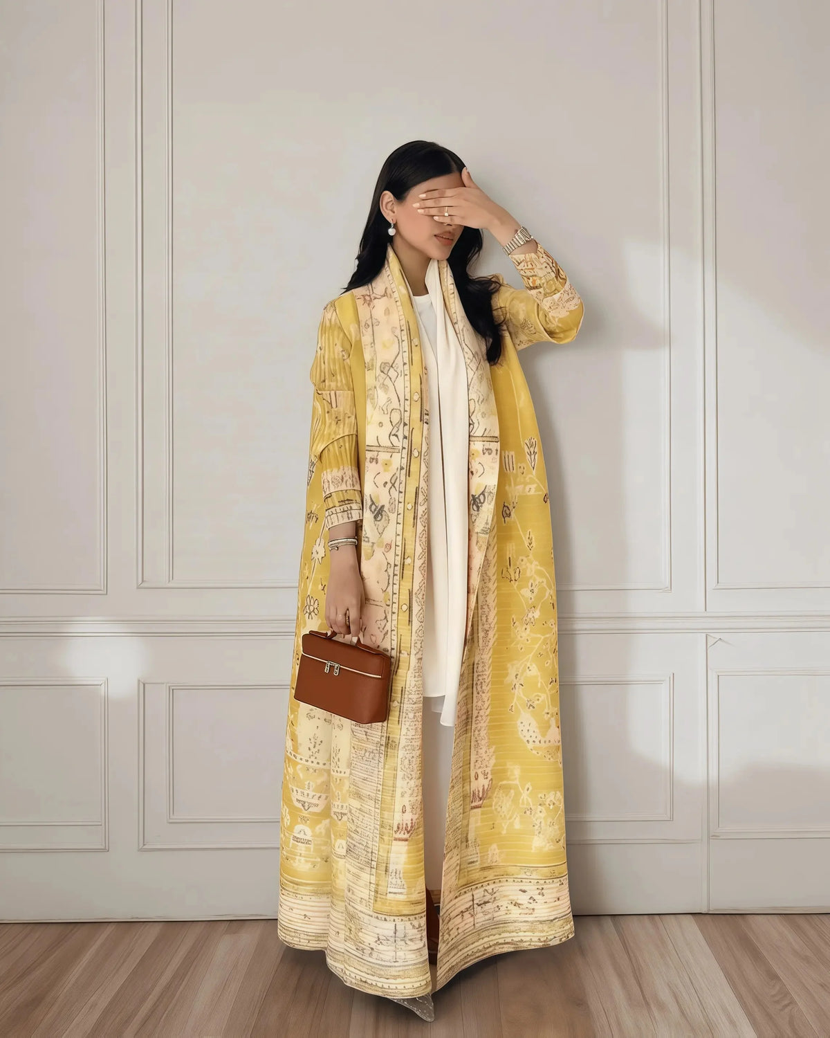 Una mujer vistiendo un cárdigan abaya plisado amarillo largo con prenda interior blanca y un bolso marrón.