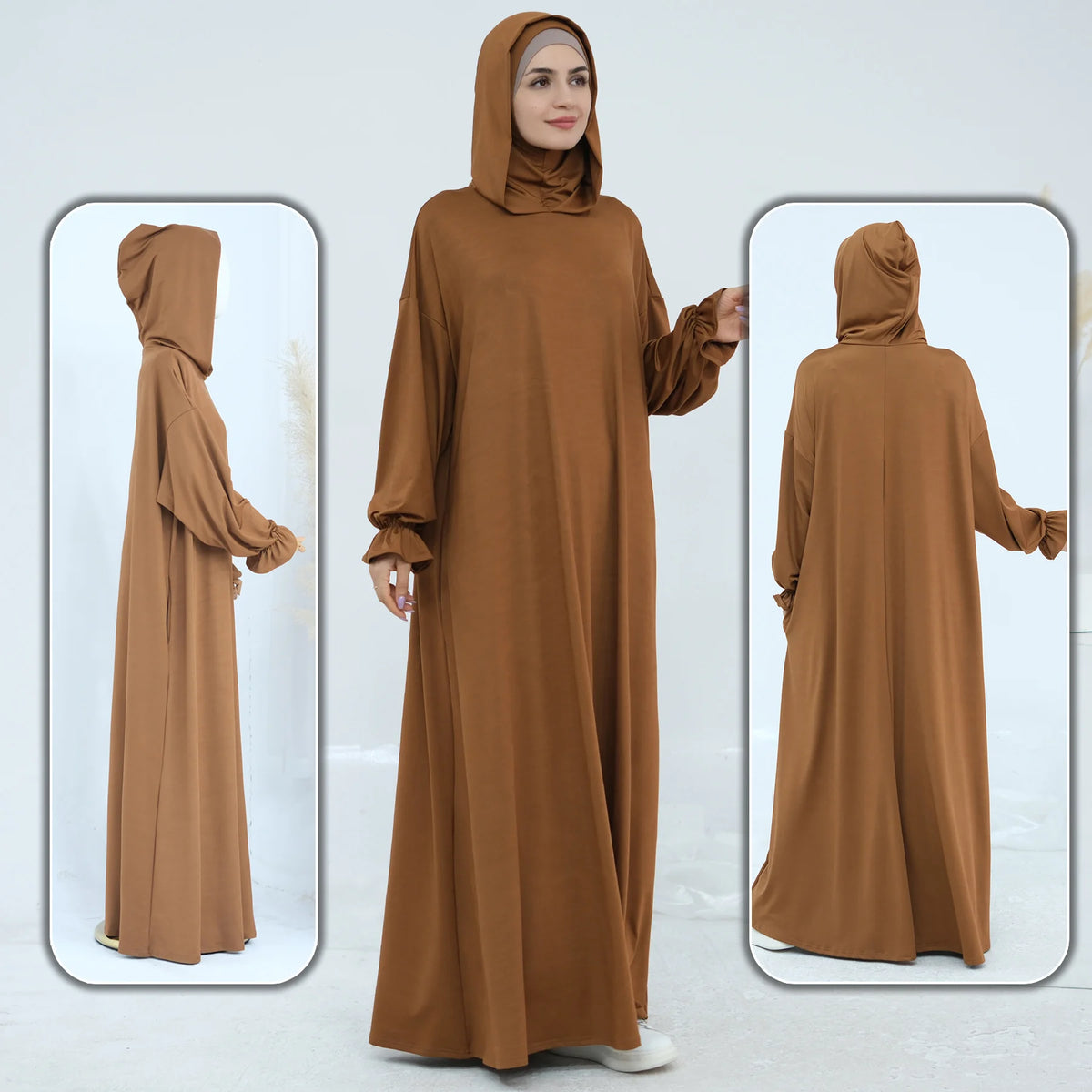 Mujer vistiendo un abaya marrón suelto y fluido para la oración, vista de frente y espalda.