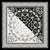 A black and white geometric pattern featuring a diagonal split between intricate floral designs.